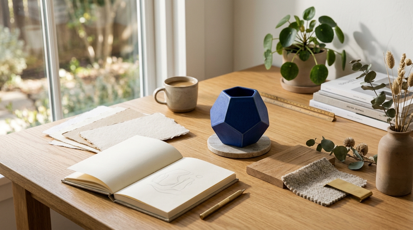 Sunlit studio still life with geometric materials
